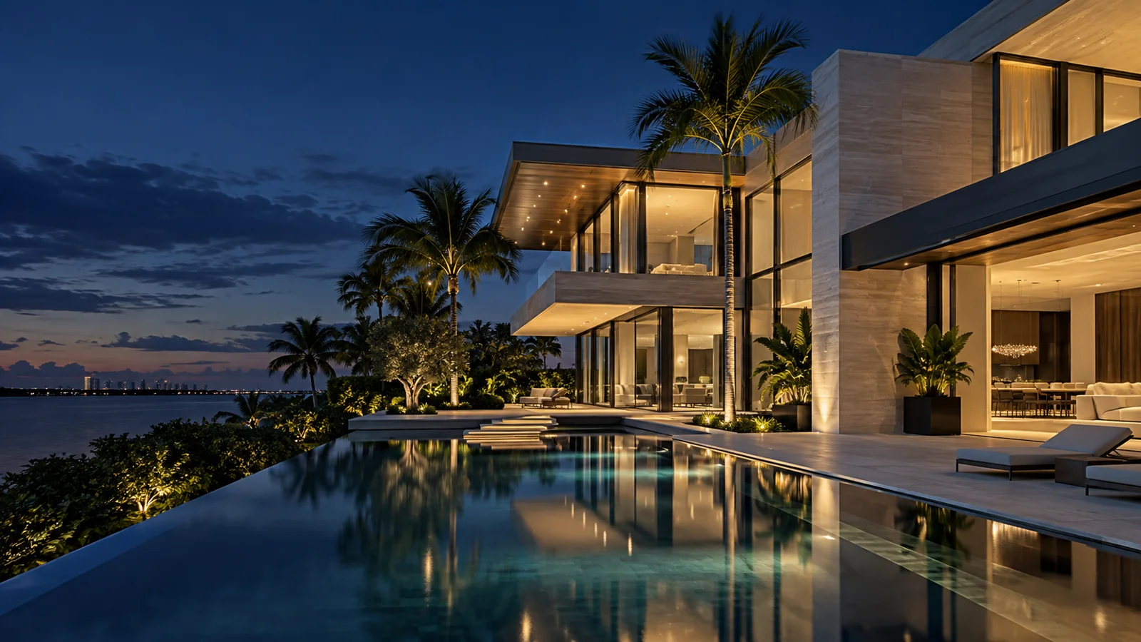 Contemporary Florida-inspired waterfront home with warm architectural lighting